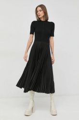 BOSS sukienka kolor czarny midi rozkloszowana. Czarne sukienki Boss, m, bez wzorów, z materiału, bez kołnierzyka, bez ramiączek, midi, dopasowane. Za 1,469.90 zł.