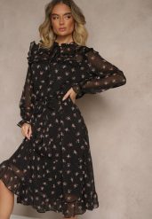 Czarna Rozkloszowana Sukienka w Kwiatowy Print z Wiązaniem w Talii i Pod Dekoltem Ronflara. Czarne sukienki Renee, na co dzień, l, bez wzorów, z jeansu, eleganckie, bez kołnierzyka, bez ramiączek, midi, kopertowe. W wyprzedaży za 127.99 zł.