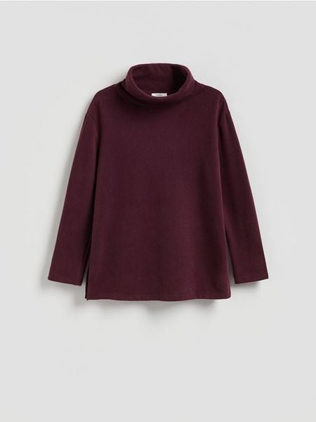 Bluza ze stójką - ciemnofioletowy. Fioletowe bluzy Reserved, l, bez wzorów, z bawełny, bez ramiączek, bez kaptura. W wyprzedaży za 45.99 zł.