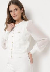 Biała Elegancka Bluzka z Ozdobnymi Guzikami i Siateczkowymi Rękawami ze Ściągaczem Melorian. Białe bluzki Born2be, s, bez wzorów, z jeansu, eleganckie, bez kołnierzyka, bez ramiączek. W wyprzedaży za 110.49 zł.