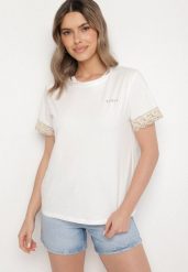 Biały T-shirt z Bawełny Zdobiony Koronką z Cekinami Pollea. Białe t-shirty Born2be, l, z aplikacjami, z bawełny, klasyczne, bez kołnierzyka, bez ramiączek. W wyprzedaży za 46.74 zł.