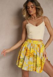 Żółte Spódnico-Szorty High Waist w Kwiaty Sunevra. Żółte szorty Renee, bez wzorów, eleganckie. W wyprzedaży za 39.99 zł.