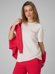 4F T-shirt loose z nadrukiem damski - beżowy S. Brązowe t-shirty 4f, s, bez wzorów, z bawełny, bez kołnierzyka, bez ramiączek. Za 69.99 zł.