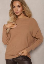 Beżowy Sweter o Klasycznym Kroju i Dekoltem w Łódkę Valorvia. Brązowe swetry Renee, m, bez wzorów, z jeansu, biznesowe, bez ramiączek. W wyprzedaży za 87.99 zł.