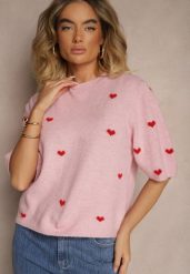 Różowa Bluzka z Dzianiny z Wiskozą we Wzór z Serduszkami Dortewia. Czerwone bluzki Renee, uniwersalny, bez wzorów, z dzianiny, eleganckie, bez kołnierzyka, bez ramiączek. W wyprzedaży za 111.99 zł.