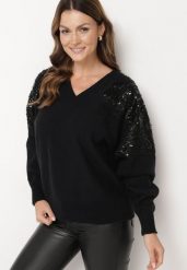 Czarny Sweter w Stylu Nietoperza z Cyrkoniami i Cekinami Nevalithia. Czarne swetry Born2be, bez wzorów, wizytowe, bez ramiączek. W wyprzedaży za 118.99 zł.