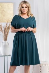 Sukienka rozkloszowana marszczona odcinana marszczona ANICETA butelkowa zieleń. Zielone sukienki KARKO, do pracy, plus size, bez wzorów, z elastanu, biznesowe, bez kołnierzyka, plus size, bez ramiączek, midi, proste. Za 159.50 zł.