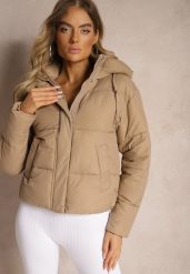 Ciemnobeżowa Kurtka Pikowana Puffer z Kapturem Mivvia. Brązowe kurtki Renee, na zimę, l, bez wzorów, z kapturem. Za 119.99 zł.