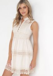 Jasnobeżowa Sukienka Ashiriel. Brązowe sukienki Born2be, m, z aplikacjami, boho, bez kołnierzyka, bez ramiączek, mini, dopasowane. W wyprzedaży za 135.99 zł.