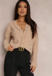 Beżowy Kardigan Zapinany z Wiskozy Asabe. Brązowe swetry Renee, z aplikacjami, z bawełny, biznesowe, bez ramiączek. W wyprzedaży za 119.99 zł.