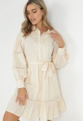 Beżowa Koszulowa Sukienka z Bufiastym Rękawem i Ażurowymi Wstawkami Staples. Brązowe sukienki Born2be, l, w ażurowe wzory, vintage, bez kołnierzyka, bez ramiączek, mini, koszulowe. W wyprzedaży za 203.99 zł.
