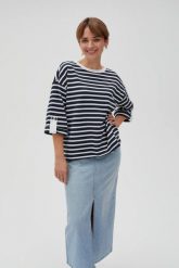 Bluza oversize w paski z szerokimi rękawami granatowa. Bluzy MOODO, l, bez wzorów, z bawełny, bez kaptura. Za 99.99 zł.