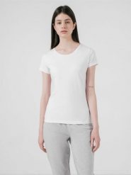 4F T-shirt slim gładki damski L. Białe t-shirty sportowe 4f, l, bez wzorów, z bawełny, bez ramiączek, na fitness i siłownię. Za 49.99 zł.