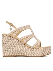 Guess Sandały FLJERS FAB04 Beżowy. Brązowe sandały Guess, z aplikacjami, z materiału, bez obcasa, na koturnie, bez zapięcia. Za 679.99 zł.