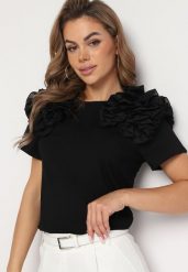 Czarny Bawełniany T-shirt Koszulka z Krótkim Rękawem Ozdobiona Aplikacją z Falbankami Aristine. Czarne t-shirty Born2be, l, z aplikacjami, z bawełny, klasyczne, bez kołnierzyka, bez ramiączek. W wyprzedaży za 76.49 zł.