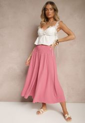 Różowe Spodnie Typu Kuloty High Waist o Szerokim Kroju z Marszczeniem Araliannis. Czerwone jeansy Renee, bez wzorów, z jeansu, eleganckie, z podwyższonym stanem. W wyprzedaży za 29.99 zł.