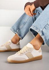 Beżowe Sneakersy Tenisówki w Kultowym Stylu Neolithaen. Brązowe trampki Renee, bez wzorów, z jeansu, eleganckie, bez zapięcia. W wyprzedaży za 67.99 zł.