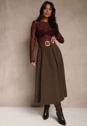 Brązowa Spódnica z Wiskozą o Rozkloszowanym Kroju z Paskiem z Klamrą Tiavela. Brązowe spódnice Renee, na co dzień, bez wzorów, z koronki, eleganckie, maxi, dopasowane. Za 109.99 zł.