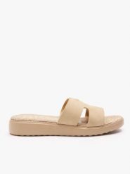 Piaskowe klapki H na grubszym spodzie. Brązowe klapki Ryłko, bez wzorów, ze skóry, bez obcasa, na płaskiej podeszwie, bez zapięcia. Za 249.99 zł.