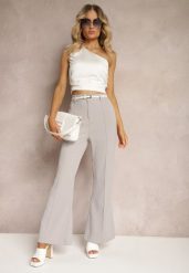 Szare Casualowe Spodnie w Stylu Dzwonów High Waist Uinna. Szare jeansy Renee, l, bez wzorów, z jeansu, eleganckie, z podwyższonym stanem. W wyprzedaży za 127.99 zł.