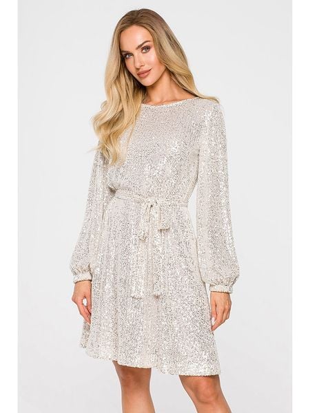 Made of emotion Sukienka w kolorze szampańskim rozmiar: M. Szare sukienki Made Of Emotion, m, bez wzorów, bez kołnierzyka, bez ramiączek, mini. Za 229.99 zł.