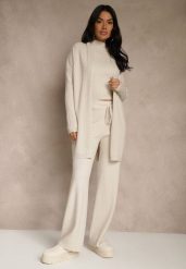 Beżowy Komplet z Dzianiny z Wiskozą Spodnie Bluzka ze Stójką i Kardigan Vetisene. Brązowe bluzki Renee, l, bez wzorów, z dzianiny, bez kołnierzyka, bez ramiączek. Za 229.99 zł.