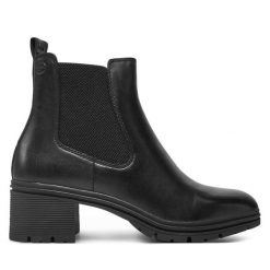 Botki Tamaris. Czarne botki Tamaris, bez wzorów, bez obcasa, na słupku, bez zapięcia. Za 229.99 zł.