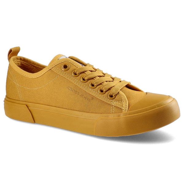 Trampki damskie Cross Jeans, sznurowany fason niska cholewka cholewka z wytrzymałego materiału tekstylnego klasyczny gumowy nosek płaska elastyczna p. Żółte trampki Cross Jeans, bez wzorów, z gumy, klasyczne, przed kostkę, bez zapięcia. Za 92.00 zł.