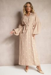 Beżowa Sukienka z Wiskozy Oversize Ozdobiona Haftem Venalari. Brązowe sukienki Renee, na co dzień, m, bez wzorów, z wiskozy, eleganckie, bez kołnierzyka, bez ramiączek, maxi, oversize. W wyprzedaży za 111.99 zł.