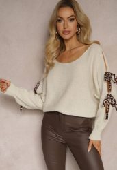 Beżowy Nietoperzowy Sweter z Moherem Ozdobiony Wiązaniami w Panterkowy Print Semitha. Brązowe swetry Renee, bez wzorów, z jeansu, casualowe, bez ramiączek. W wyprzedaży za 55.99 zł.
