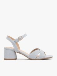 Jasnoniebieskie sandały na obcasie. Niebieskie sandały Ryłko, bez wzorów, ze skóry, eleganckie, bez obcasa, na obcasie, bez zapięcia. Za 429.99 zł.