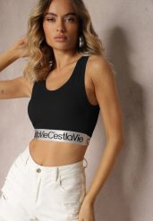 Czarny Top Sportowy Biustonosz Elastyczny Prążkowany z Ozdobną Gumą Waslema. Czarne topy sportowe Renee, bez wzorów, z gumy. W wyprzedaży za 23.99 zł.
