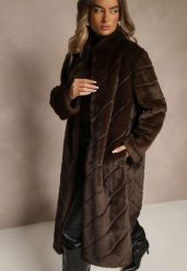 Brązowy Płaszcz Futerko o Długim Kroju z Przeszyciami i Stójką Zeniera. Brązowe płaszcze Renee, l, bez wzorów, z futra, eleganckie, bez kaptura. Za 429.99 zł.