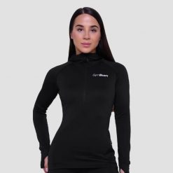 Bluza damska do biegania z kapturem czarna Pulse 1/2 Zip. Czarne bluzy GYMBEAM, s, bez wzorów, z elastanu, bez ramiączek, z kapturem. Za 127.90 zł.