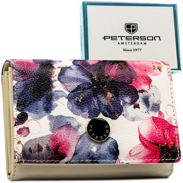 Elegancki portfel damski w kwiaty wykonany ze skóry naturalnej i ekologicznej PTN PX30-PF1 Peterson. Portfele Peterson, bez wzorów, ze skóry. Za 119.99 zł.