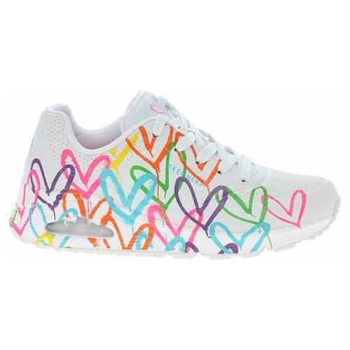 Damskie obuwie sportowe chodzenie Skechers Uno Highlight Love Biały. Białe buty treningowe Skechers, bez wzorów, z materiału, bez zapięcia, trekkingowe. W wyprzedaży za 380.80 zł.