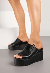 Czarne Klapki na Koturnie ze Skórzaną Wkładką Eleacelle. Czarne klapki Born2be, bez wzorów, eleganckie, z otwartym noskiem, bez obcasa, na koturnie, bez zapięcia. Za 109.99 zł.