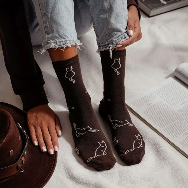 Brązowe skarpetki damskie kontury kota 1207. Brązowe skarpetki Milena, bez wzorów, z bawełny. Za 15.90 zł.