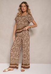 Ciemnobrązowy Komplet Spodnie i Bluzka z Bawełny w Ornamentalny Print Nanitria. Brązowe bluzki Renee, m, bez wzorów, z bawełny, bez kołnierzyka, bez ramiączek. W wyprzedaży za 47.99 zł.