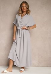 Szara Rozkloszowana Sukienka z Bawełną i Paskiem Lunapinia. Szare sukienki Renee, na co dzień, l, bez wzorów, z bawełny, bez kołnierzyka, bez ramiączek, maxi, kopertowe. W wyprzedaży za 63.99 zł.