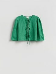 Lniana bluzka - zielony. Zielone bluzki Reserved, l, bez wzorów, z tkaniny, bez kołnierzyka, bez ramiączek. Za 179.99 zł.