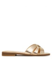 Guess Klapki FLJREA LEM19 Złoty. Żółte klapki Guess, z aplikacjami, ze skóry, bez obcasa, bez zapięcia. Za 499.99 zł.