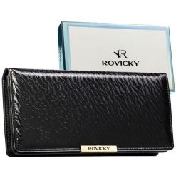 Duży portfel damski ze skóry ekologicznej w czarnym kolorze zamykany na zatrzask - Rovicky. Czarne portfele ROVICKY, bez wzorów, ze skóry ekologicznej. Za 79.99 zł.