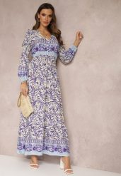 Fioletowo-Beżowa Sukienka Maxi w Kwiaty z Wiskozy Vellu. Fioletowe sukienki Renee, l, z aplikacjami, z wiskozy, boho, bez kołnierzyka, bez ramiączek, maxi, rozkloszowane. W wyprzedaży za 75.99 zł.