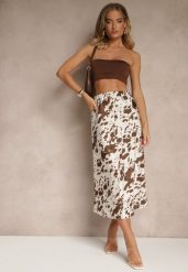 Brązowa Spódnica z Satynowej Tkaniny Zdobiona Krowim Printem Kolorea. Brązowe spódnice Renee, na co dzień, l, z aplikacjami, z satyny, eleganckie, midi, oversize. W wyprzedaży za 75.99 zł.