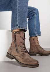 Brązowe Botki w Stylu Vintage ze Sznurowaniem Vemlora. Brązowe botki Renee, bez wzorów, z jeansu, rockowe, bez obcasa, na płaskiej podeszwie, bez zapięcia. Za 119.99 zł.