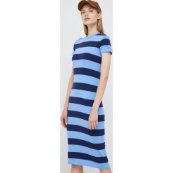 Polo Ralph Lauren sukienka midi dopasowana. Niebieskie sukienki Polo Ralph Lauren, l, bez wzorów, z dzianiny, bez kołnierzyka, bez ramiączek, midi, dopasowane. W wyprzedaży za 579.99 zł.