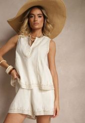 Jasnobeżowe Szorty High Waist z Bawełny z Ozdobnym Haftem Korimizza. Brązowe szorty Renee, bez wzorów, z bawełny, eleganckie. W wyprzedaży za 67.99 zł.