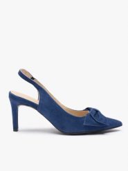 Granatowe czółenka bez pięty slingback z kokardą. Niebieskie czółenka Ryłko, bez wzorów, z gumy, eleganckie, bez obcasa, na obcasie, bez zapięcia. Za 399.99 zł.