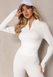 Biała Elastyczna Bluzka na Suwak z Wycięciem przy Ściągaczu Denalla. Białe bluzki Renee, bez wzorów, bez kołnierzyka, bez ramiączek. Za 29.99 zł.